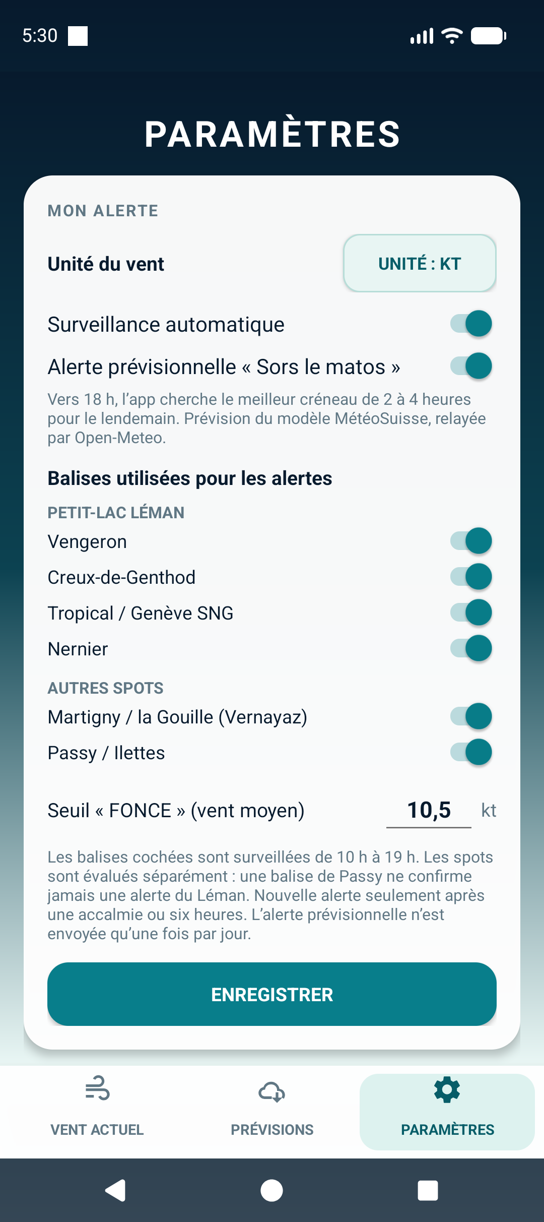 Écran de réglage du seuil FONCE dans Alerte Wing Léman