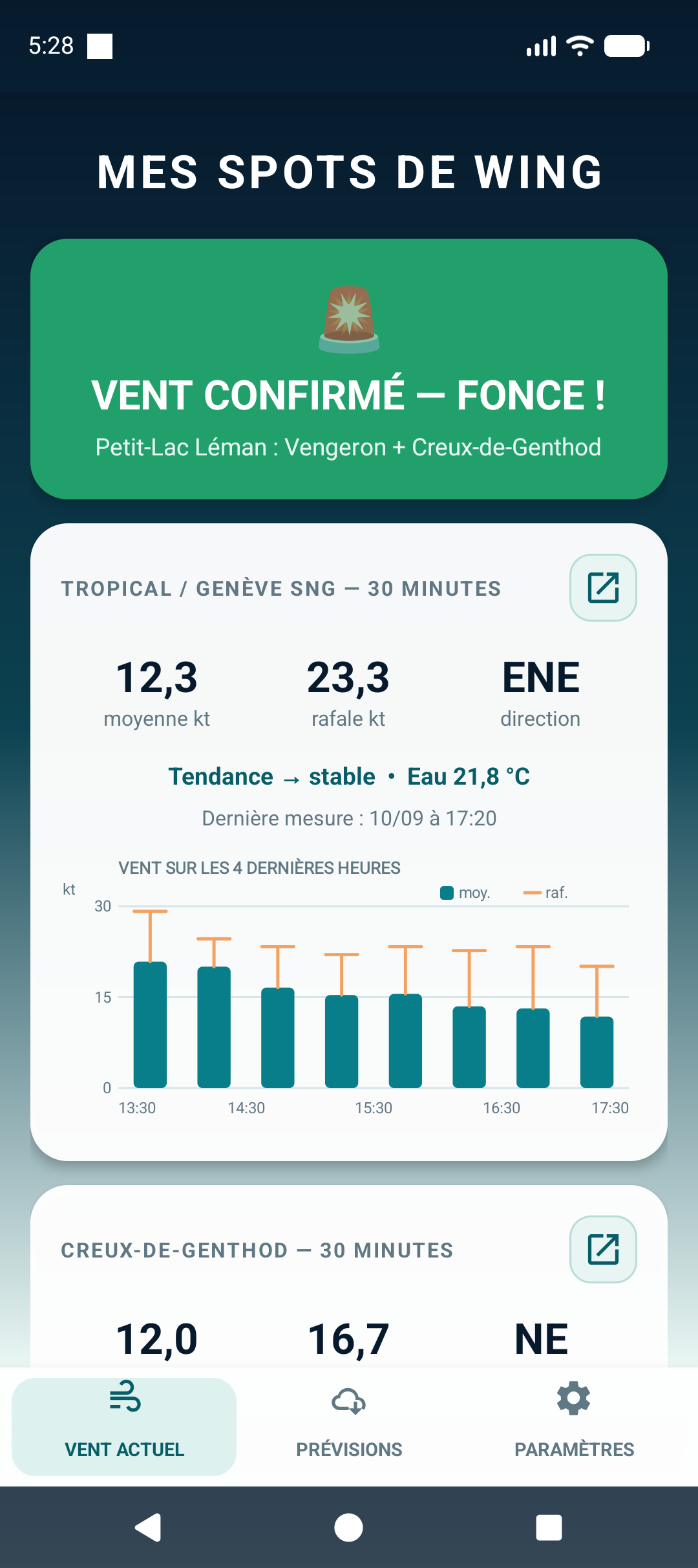 Écran des conditions de vent en direct dans Alerte Wing Léman